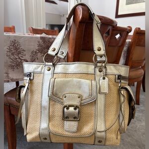Coach Vintage Legacy Straw Tote With Gold Metallic Trim